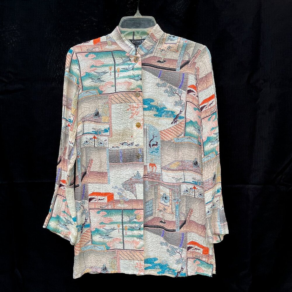 Citron Santa Monica long button-down top, silk & rayon, size Small